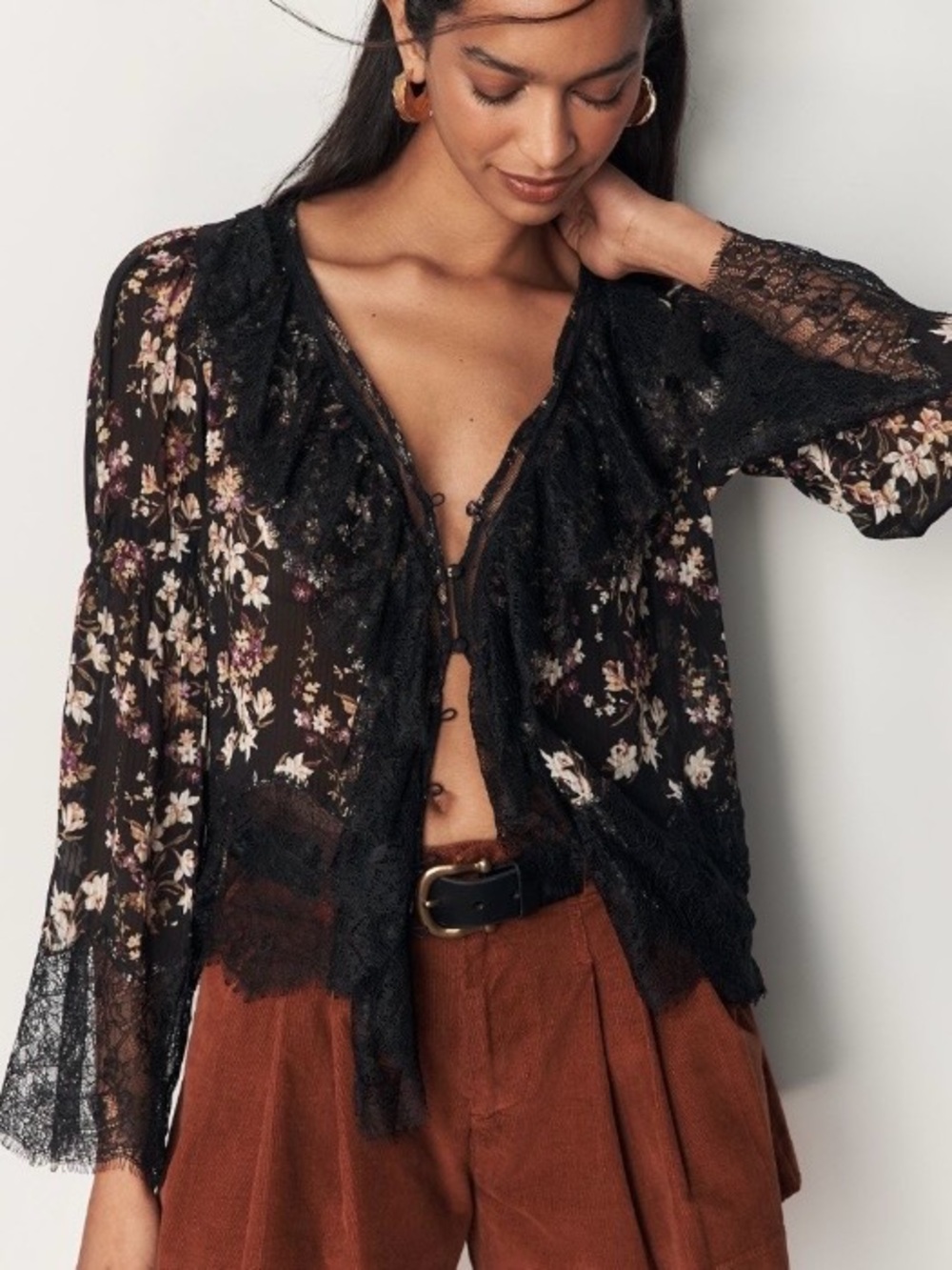 Anthropologie Sheer Ruffled Lace Blouse Medium NWT